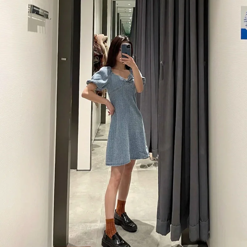 

2021 new women's casual simple style square collar cap sleeve summer retro short skirt twill woolen denim dress