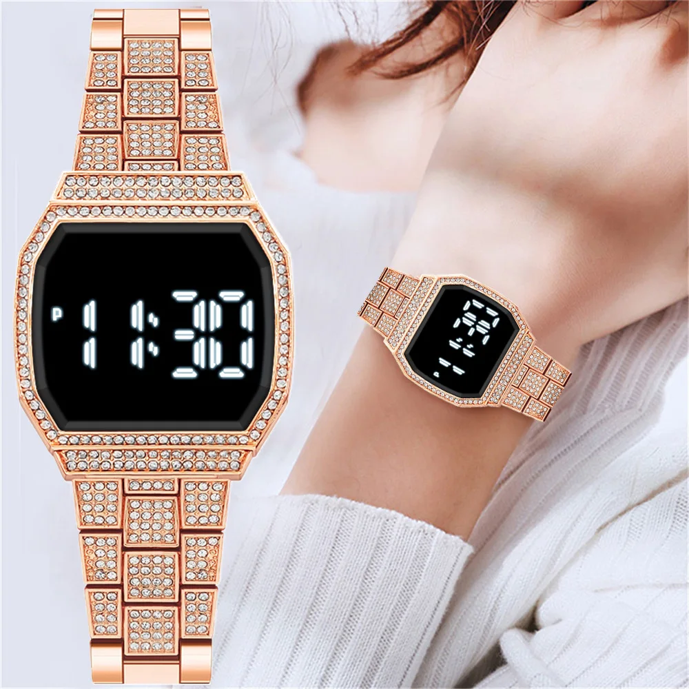 

2021 Elegant Fashion Woman Led Touch Watch Personality Set With Diamond Alloy Leisure Trend Ladies Quartz Watch Reloj Mujer