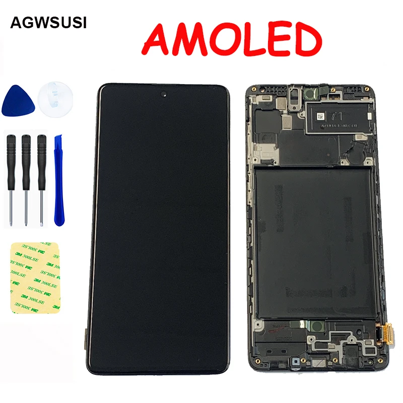 

ЖК-дисплей AMOLED для Samsung Galaxy A71 A715 A715F A715FD, сенсорный модуль с дигитайзером и сенсорным экраном в сборе, с рамкой