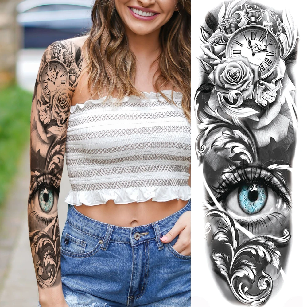 Sexy Long Full Arm Rose Clock Temporary Tattoos For Men Women Tatoo Body Leg Art Makeup Large Tiger Flower Fake Tattoo Stickers