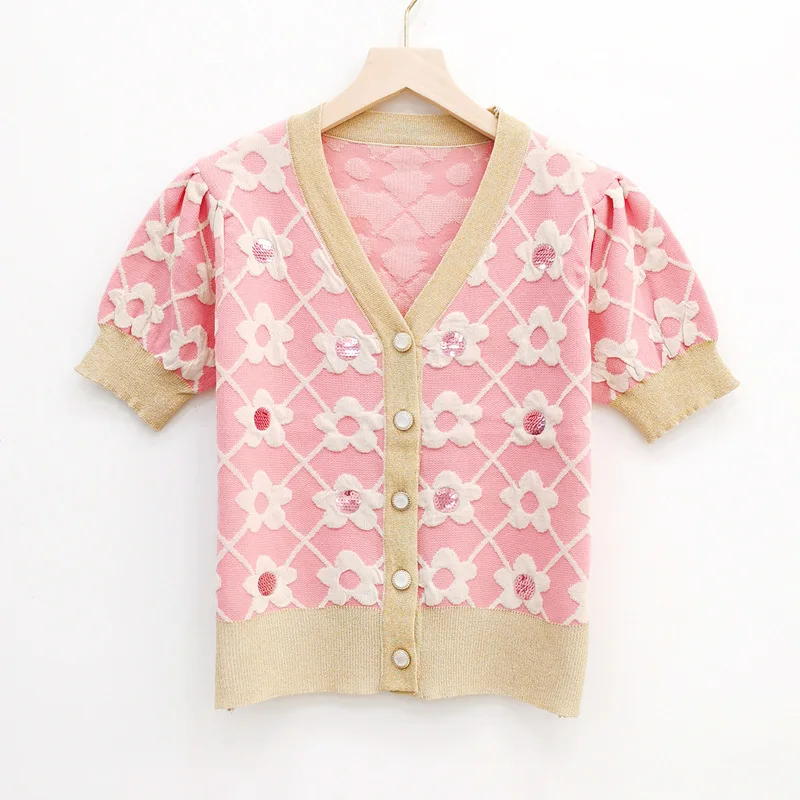 

Женская трикотажная футболка с коротким рукавом, повседневный однобортный Кардиган с V-образным вырезом, блестками и цветочной вышивкой, Но...