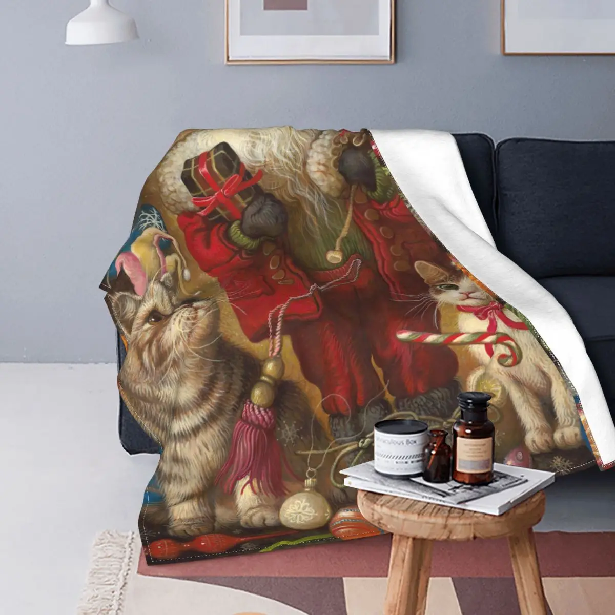 

Трикотажное одеяло с рисунком кошки на Рождество и новый год