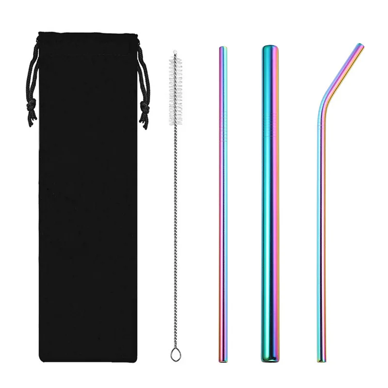 

4PCS Rainbow Color Reusable Metal Straws Set Cleaner Brush 304 Stainless Steel Drinking Straw Milk Drinkware Party Accessory