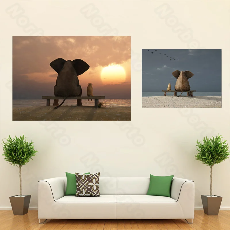 

Modern Style Canvas Painting Posters and Prints Elephants with Its Baby Sitting a Bench Under Sunset for Home Rooms Wall Decorat
