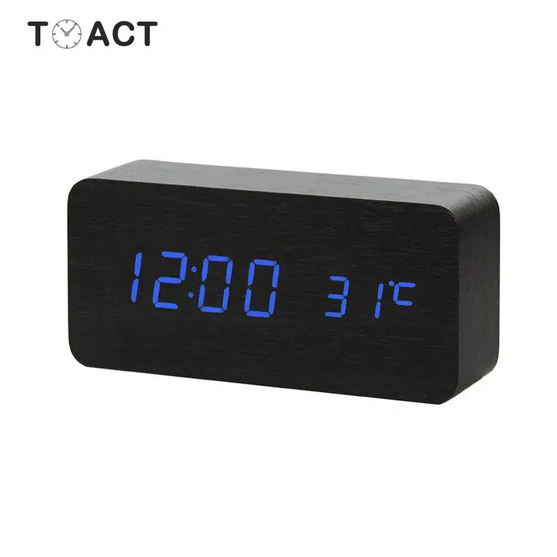 Светодиодный Деревянный цифровой будильник ночник Дисплей температура стол Clockes