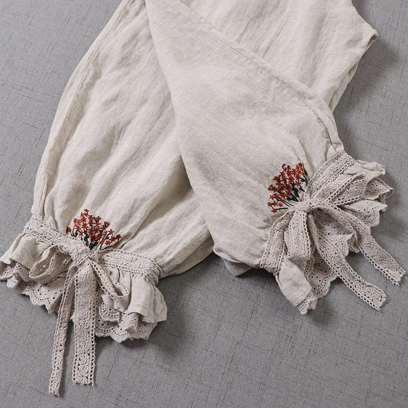

Johnature Summer Vintage New Linen Ruffles Cuff Women Pants 2021 Mori Elastic Waist Embroidery Loose Ankle-length Harem Pants