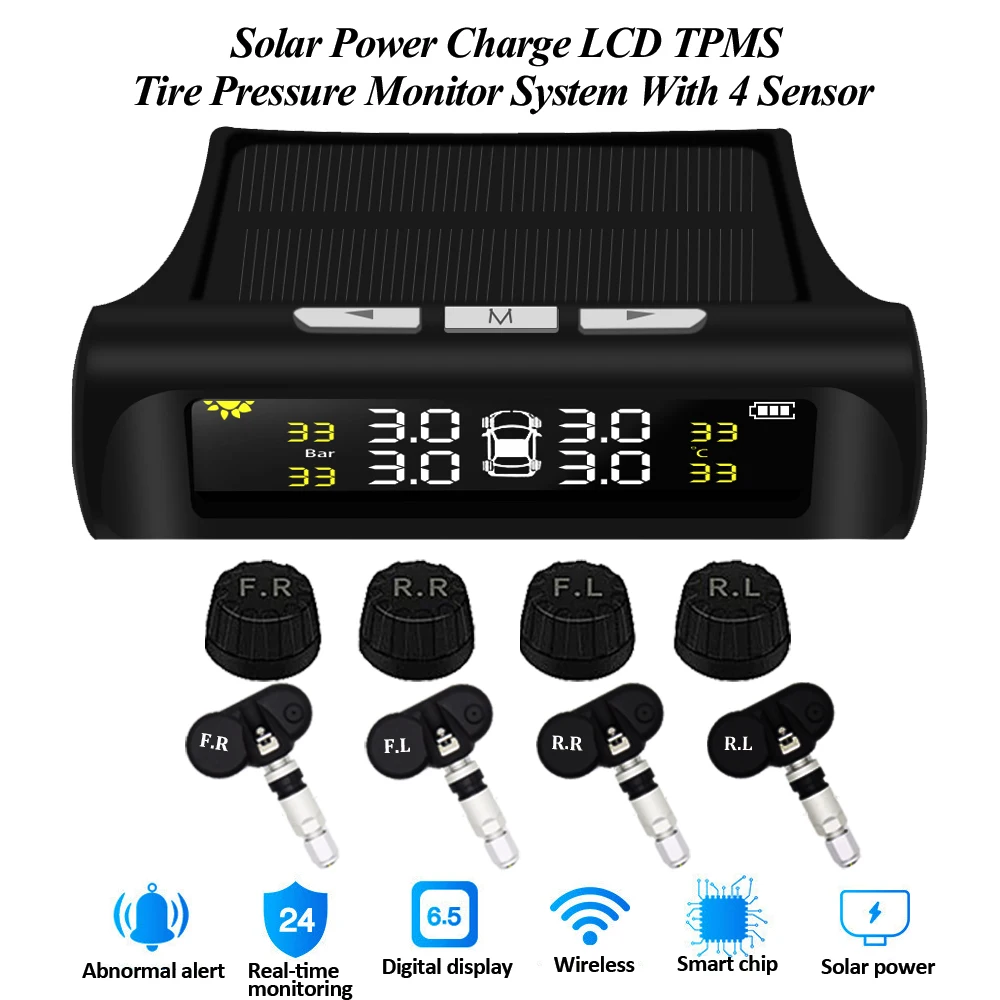 Система контроля давления в шинах TPMS на солнечной батарее с цифровым ЖК дисплеем