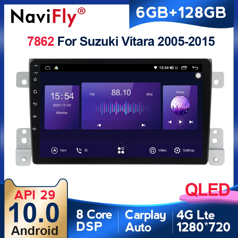 

NaviFly 7862 QLED Screen 1280*720 Android 10 For Suzuki Grand Vitara 3 2005 - 2015 Car Radio Multimedia Video Player GPS DSP