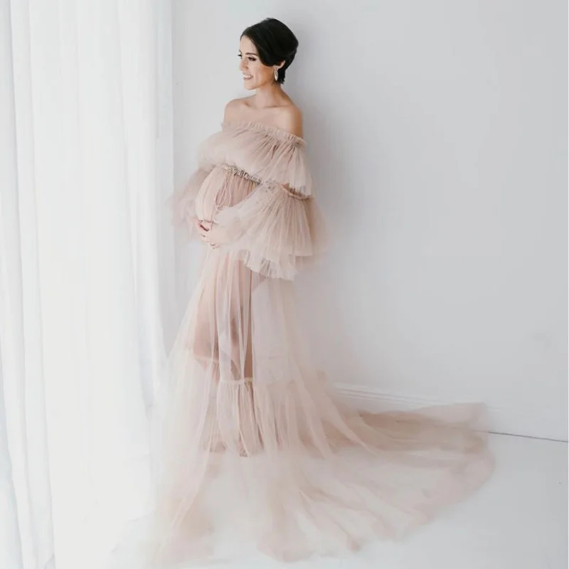 

New Arrival Bridal Tulle Robes Nude Maternity Dress Prom Gowns Flare Sheer Pleats Party Dresses Photo Shoot Off Shoulder