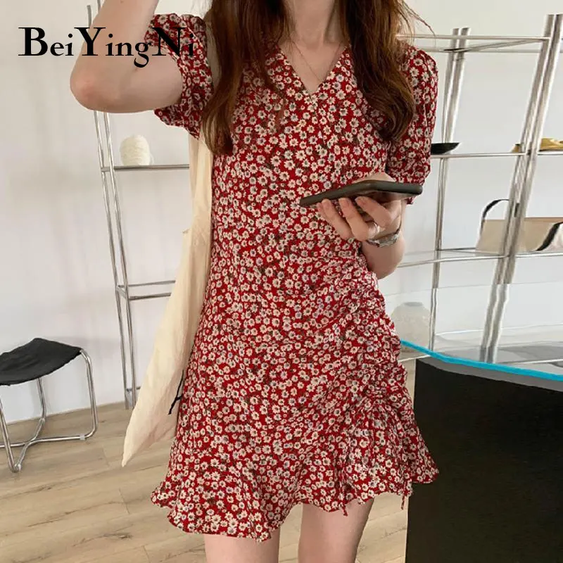 

Женское шифоновое мини-платье Beiyingni, плиссированное платье с оборками и завязками, с высокой талией и цветочным принтом, летние модные повсе...