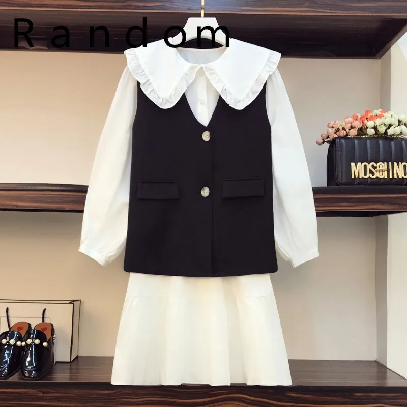 

Women Elegant Vintage Sweet Party Dress Suit Autumn Female Vest Jacket And Shirt Dresses Two Piece Set Plus Size Outfit Cloth