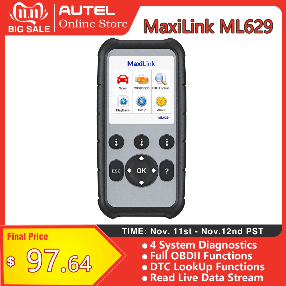 

Autel MaxiLink ML629 OBD2 Scanner ABS SRS Engine Transmission Diagnoses OBD II Full Functions PK ML619 for DIYers Professionals