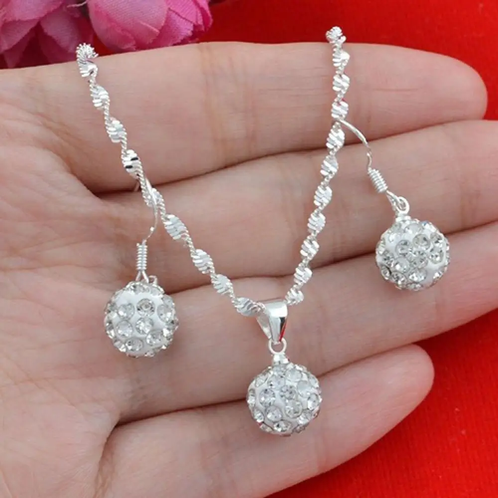 

Women Fashion 925 Silver Plated Rhinestone Ball Necklace + Earrings Jewelry Set