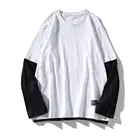 Мужские футболки с длинным рукавом и круглым вырезом, Стильные топы с имитацией двух частей, Свободные повседневные футболки в Корейском стиле с цветными блоками, весна-осень