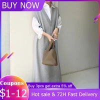 2021 autumn japanese style long vest jacket over the knee korean loose knit dress v neck solid color sleeveless women new