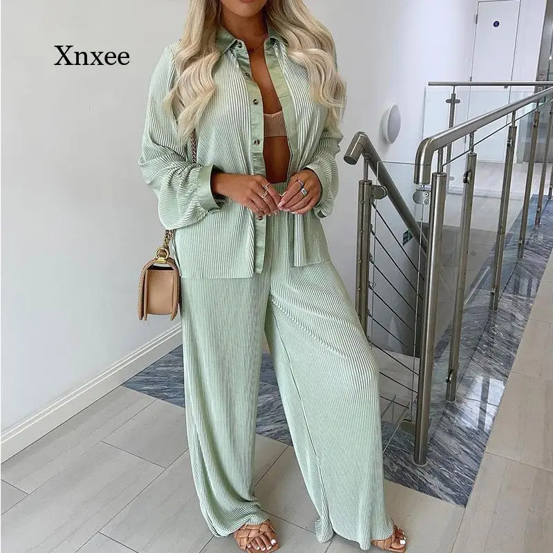 

Spring Autumn Solid Wide-Leg Pants 2 Piece Set Elegant Women Straight Pant Coat Suits Puff Sleeve Top Loose Female Jacket Outfit