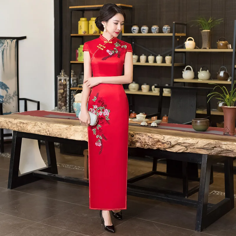 Белое Женское длинное платье Ципао с вышивкой вечерние платья коротким рукавом