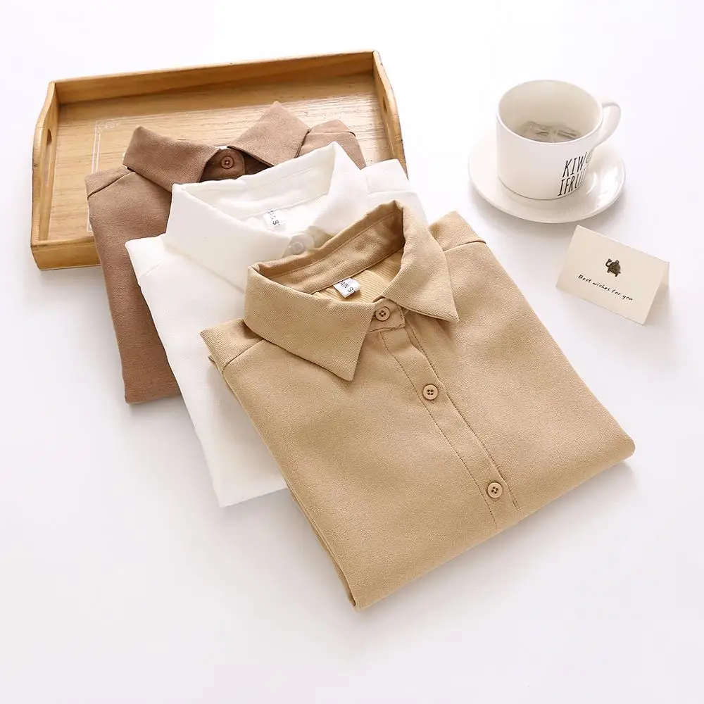 New Women Solid Corduroy Turn-Down Collar White Shirt Button Up Office Lady Korean Style Khaki Blouse Feminina Blusa T9D607T | Женская