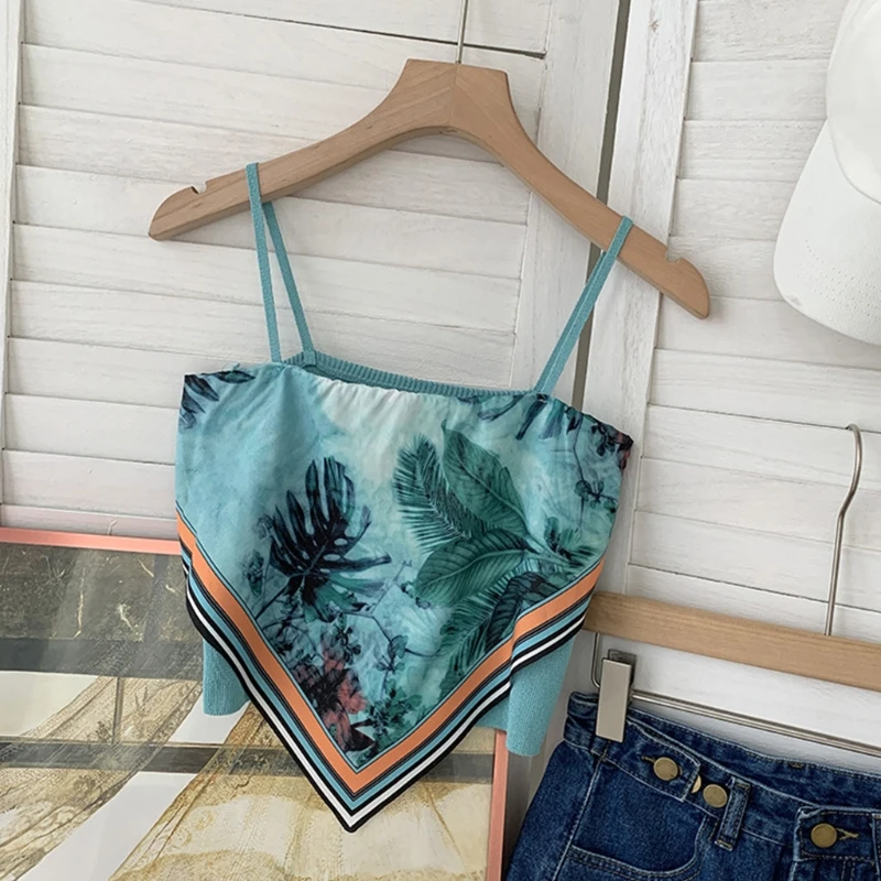 

Women Summer Spaghetti Strap Tube Top Boho Paisley Leaves Print Slim Bandeau Camisole Sexy Backless Asymmetrical Vest