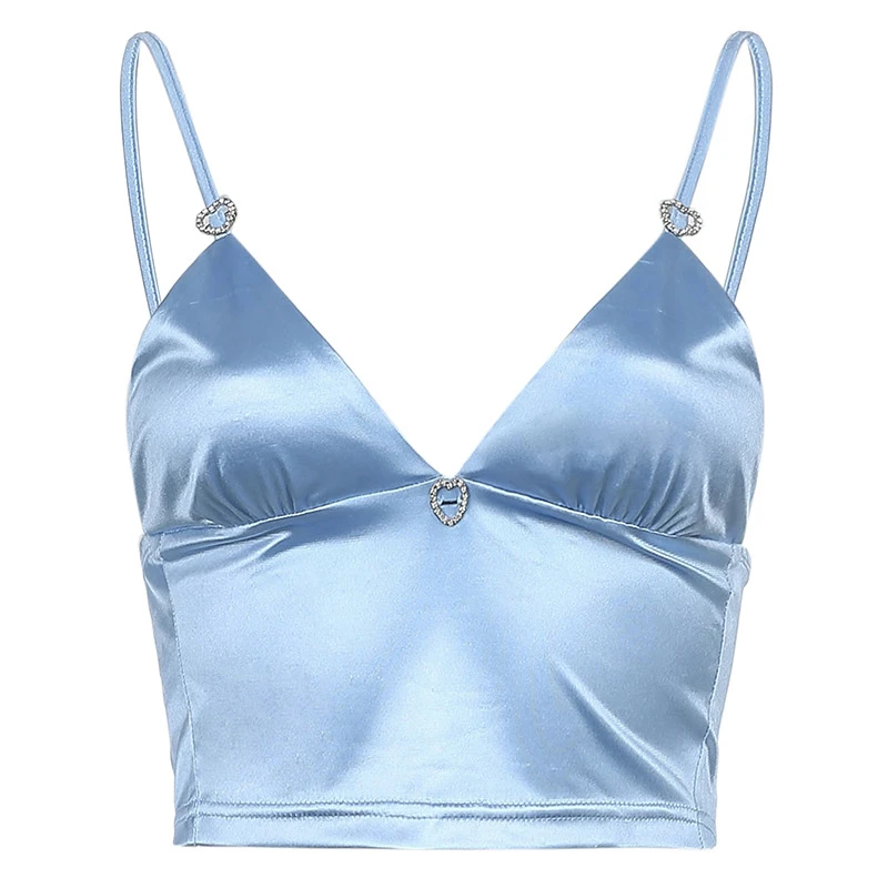 

Cute Satin Y2K Aesthetic Crop Cami Top for Women Sexy Girls Rihinestone Heart Spaghetti Strap 2000s Cropped Camisole Top