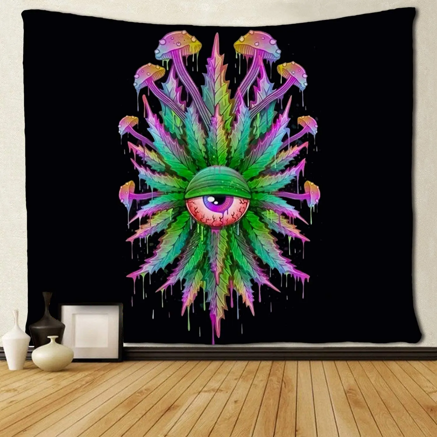 

Magical Trippy Psychedelic Tapestry Leaf Weed Head with Mushroom Branchs Blue Colorful Rainbow Tie Dye Wall Hanging