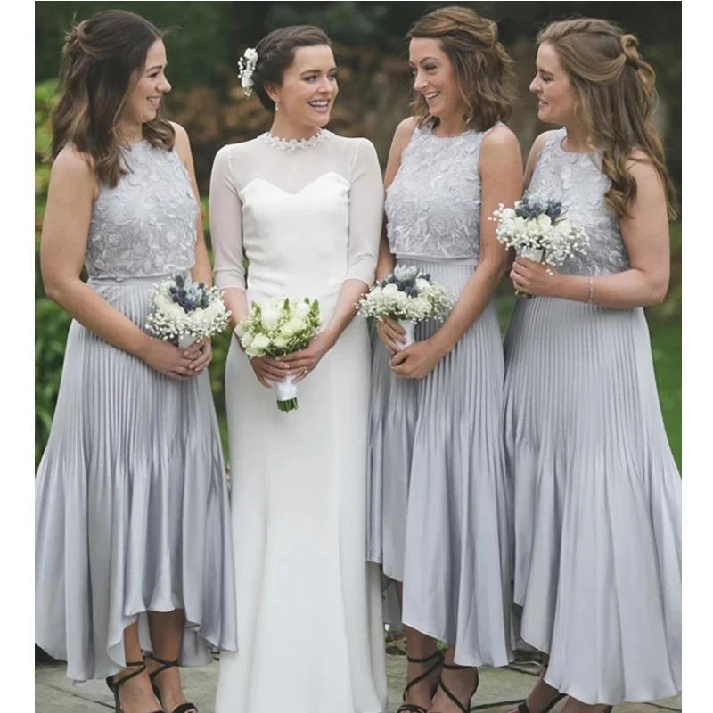 

Custom Made Cheap Silver Lace Top Ruched Bottom High Low Summer Beach Wedding Guest Dress Bridesmaid Dresses 2021