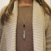new long leaf feather pendant necklace trendy black bead stone clavicle chain necklaces for women fashion neck jewelry xl498