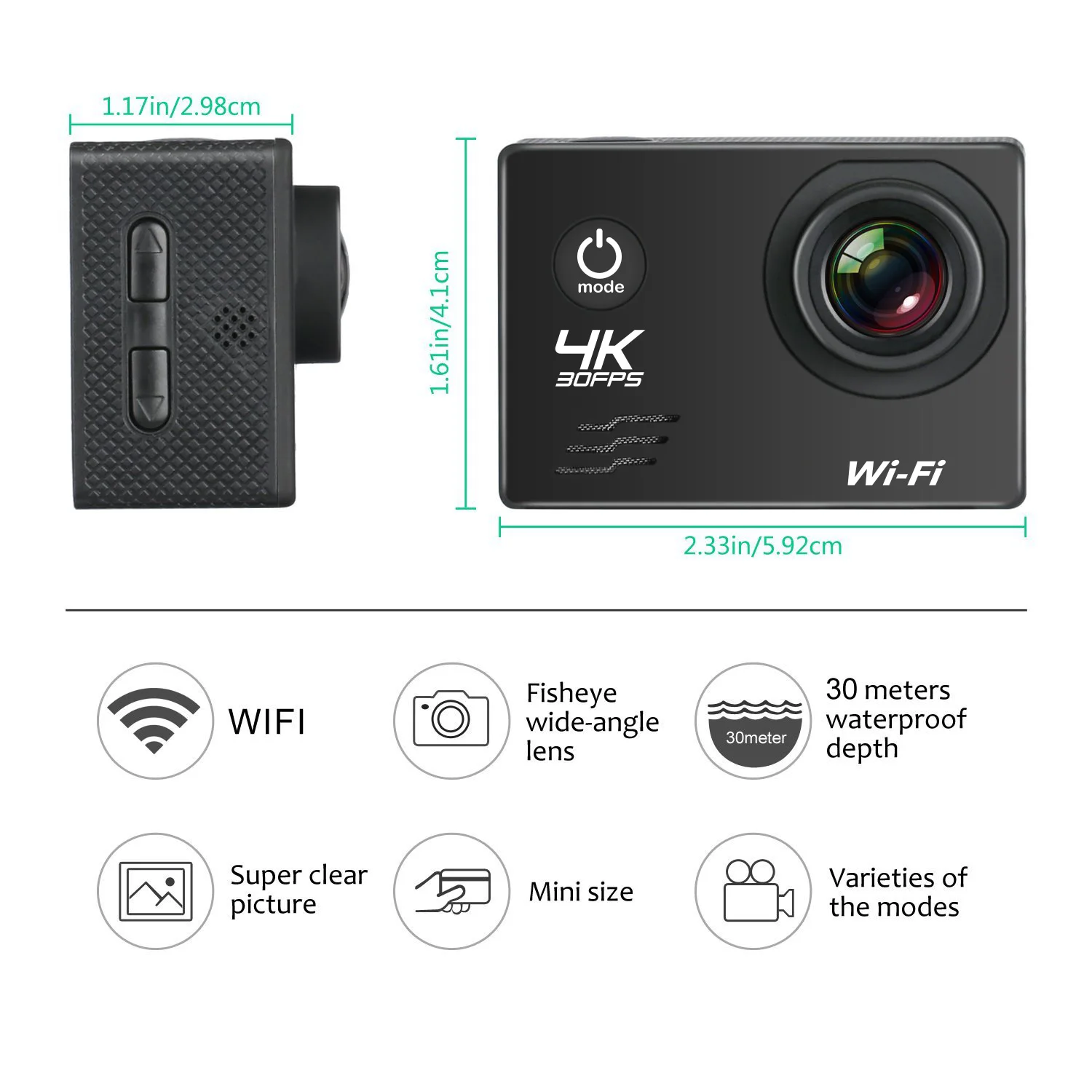 Скидка Экшн-камера, 4K, 30 кадров/с, Ultra HD, Wi-Fi, 2,0 дюйма, 16 Мп, 170D, 30 м