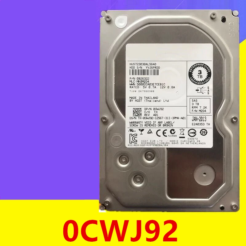 

Original New HDD For Dell 3TB 3.5" SAS 6 Gb/s 64MB 7200RPM For Internal HDD For Server HDD For CWJ92 0CWJ92 HUS723030ALS640
