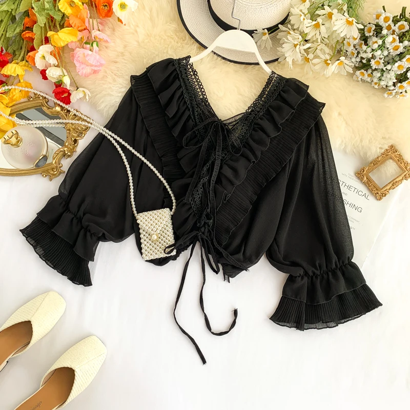2019 Новая модная женская шифоновая рубашка женский кружевной топ с V-образным