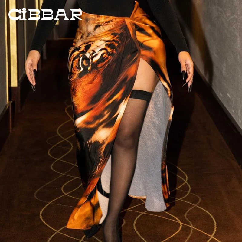 

CIBBAR Vintage Animal Print Sexy Side Split Maxi Skirt Women Autumn High Waist Elegant Slim Fashion Clubwear Casual Female Skirt