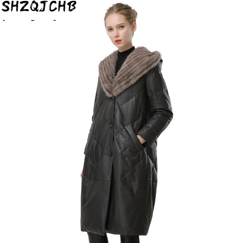 

JCHB 2021 Women' Leather Jacket 100% Real Sheepskin Coat Winter Women's Down Jacket Mink Fur Collar Mujeres Abrigos EWH131 Pph1