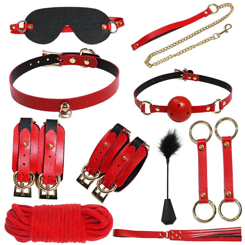 

10pcs Kit Sex Toys For Adult Game Real Leather BDSM Bondage Kits Handcuffs Blindfold Shackles Sex Game Whip Gag For Couples