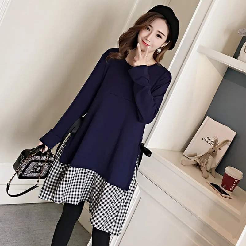 Лоскутная полосатая одежда для беременных Платье кормящих матерей осенняя