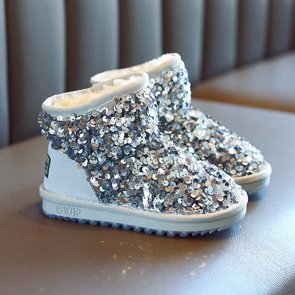 Серебристый CCTWINS Kids Shoes Winter Girls Fashion Sequin Snow Boots Children Black Sparkly Short Boot for Toddler Glitter Shoe SNB095 - Цвет: Серебристый