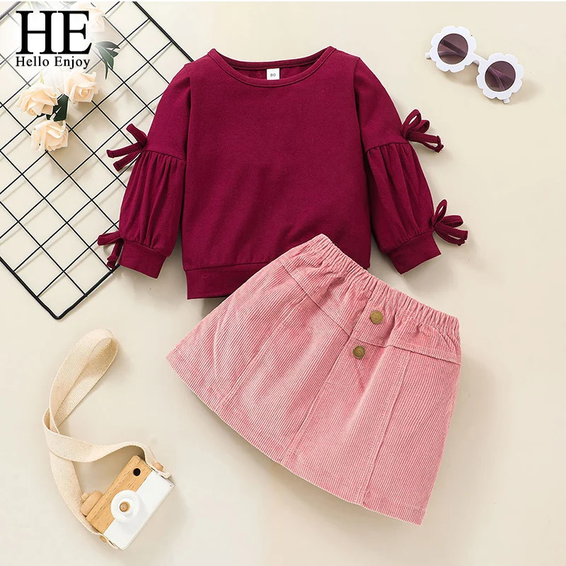 

HE Hello Enjoy/комплекты одежды для маленьких девочек модные однотонные топы с длинными рукавами + розовая юбка одежда для малышей, одежда для дев...