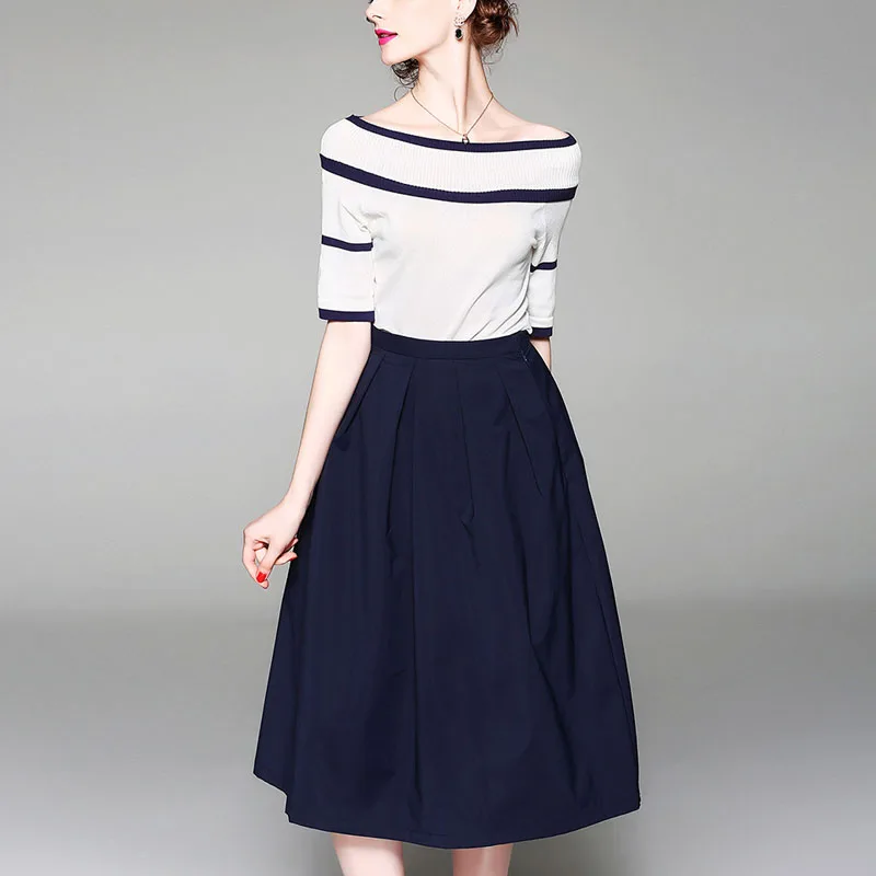 Zpqowv Spring Summer Women Short Sleeve Off Shoulder Knit Two Piece Dress Elegant Party Office Wear One | Женская одежда