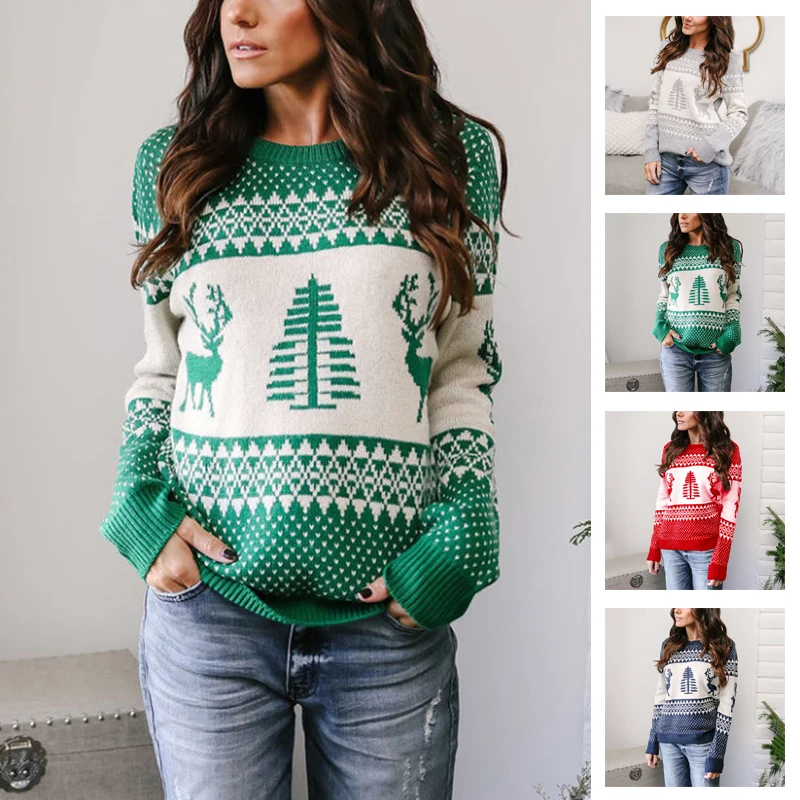 Женский Рождественский Пуловер длинный рукав вязаный пуловер Круглый Вырез