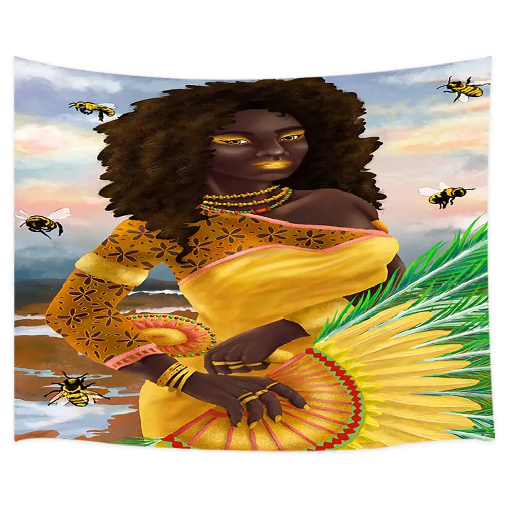 Black Afro Girl Holds A Feather Fan and Honeybee on Country Fields Tapestry Custom | Дом и сад
