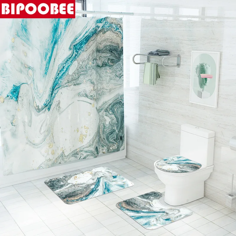 

Marble Printed Shower Curtain Blue Stone Pattern Bathroom Curtains Set Toilet Cover Lid Bath Mats Rugs Bathtub Screen Home Decor