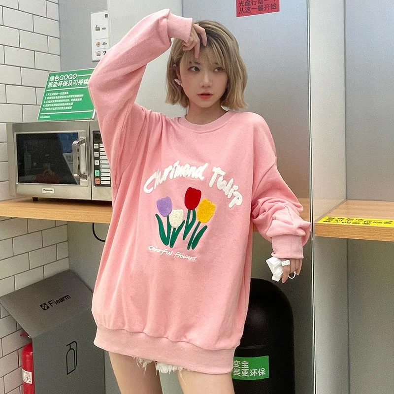 

2021 Fashion Women's Clothing Pink Round Neck Hoodies Early Autumn New Mid-length Loose Korean Style Long Sleeve Sweatshirts Ins