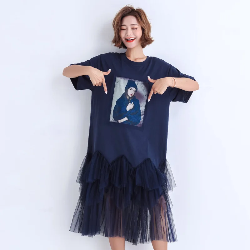 Женское платье футболка с коротким рукавом и круглым вырезом большого