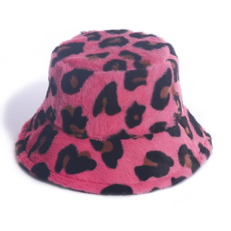 HUOBAO New Fashion Leopard Faux Fur Winter Warm Soft Bucket Hats For Women Ladies