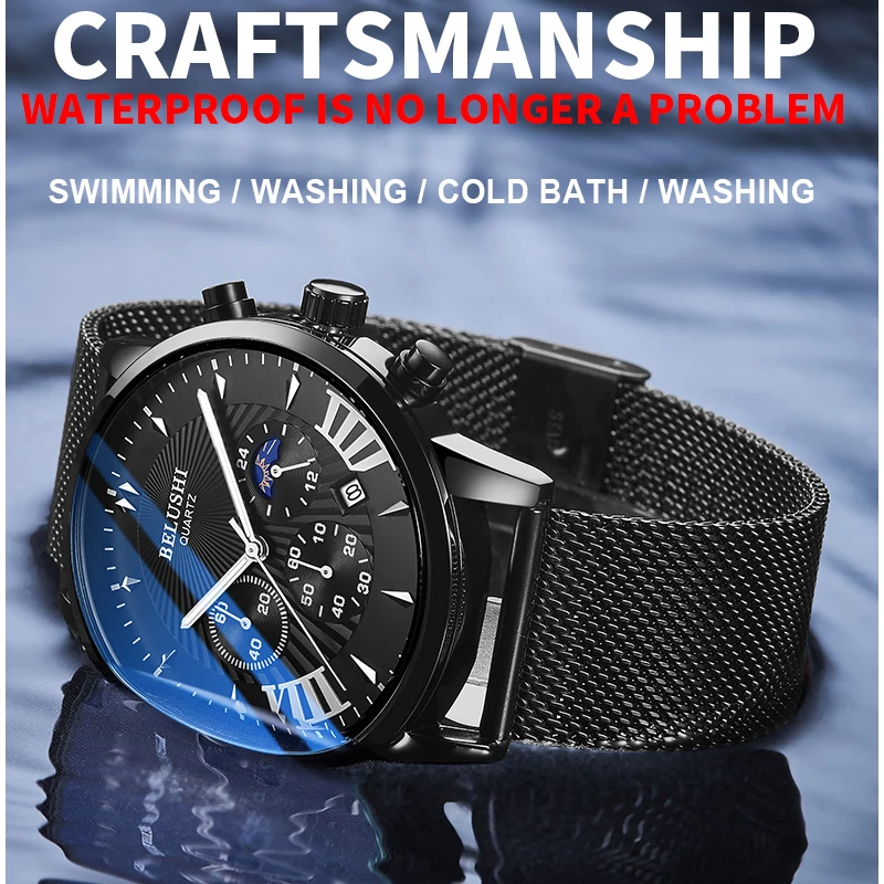 BELUSHI Топ Брендовые Часы Для мужчин Роскошные Спортивные кварцевые наручные часы