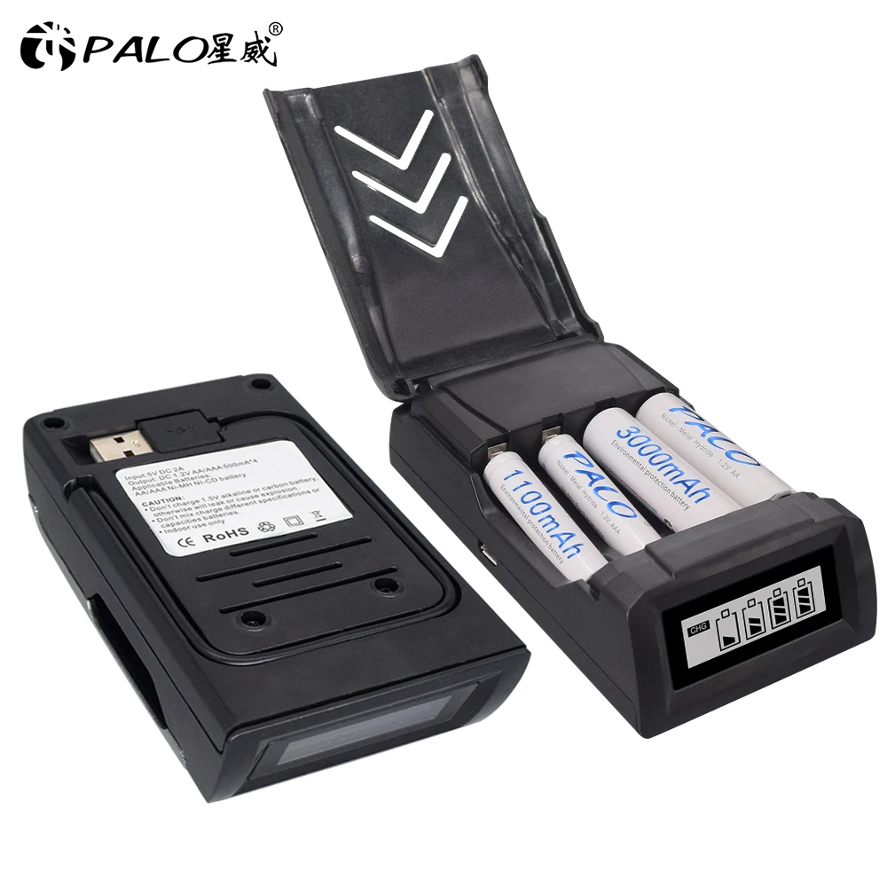 

PALO 4 slots 1.2V AA AAA rechargeable battery charger LCD smart USB charger for aa aaa nimh nicd battery