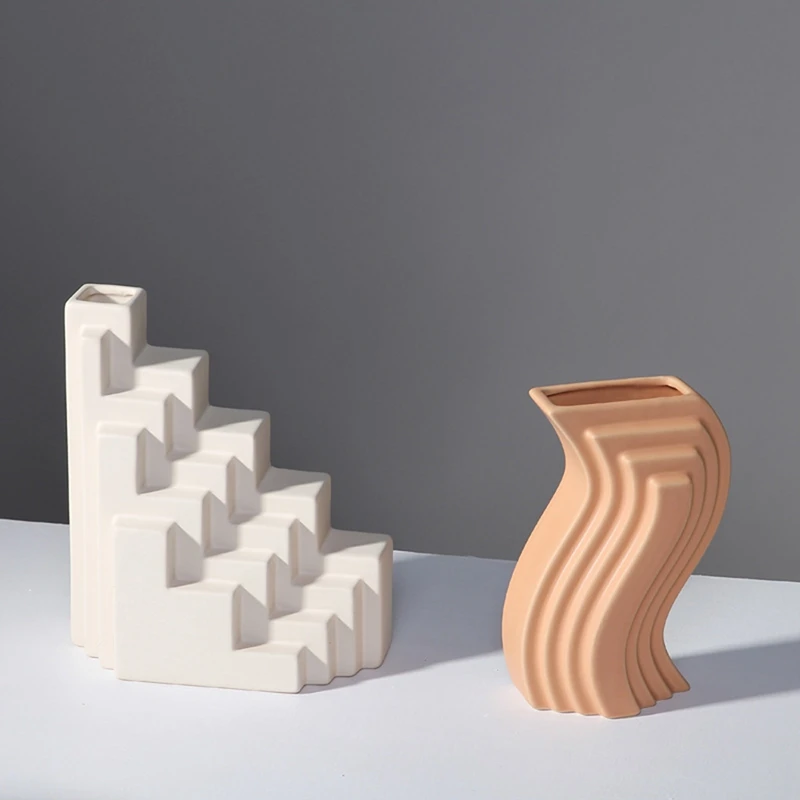

Modern Ceramic Vase Geometric Lines Flower Arrangement Container Nordic Flower Holder Ornaments Home Vases Decor