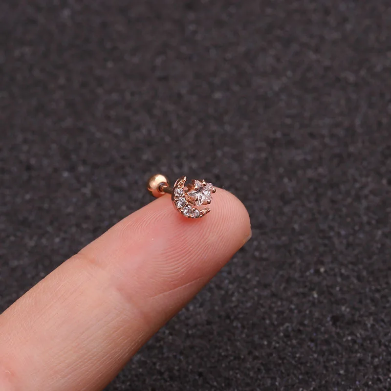 

New Ear Stud Creative Moon Zircon Ear Bone Stud Double-Sided Screw Ear Stud Stainless Steel Piercing Ornaments Female