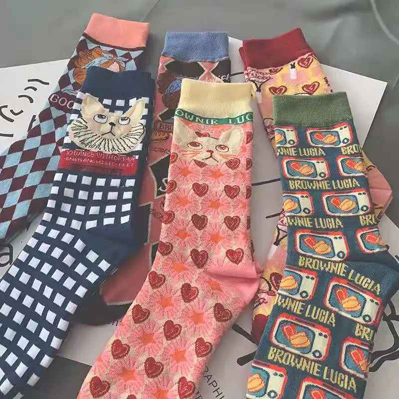 

Socks Women Spring New High-tube Socks Illustration Art Checker Socks Japanese Department of Lovely Cartoon Lolita Cotton