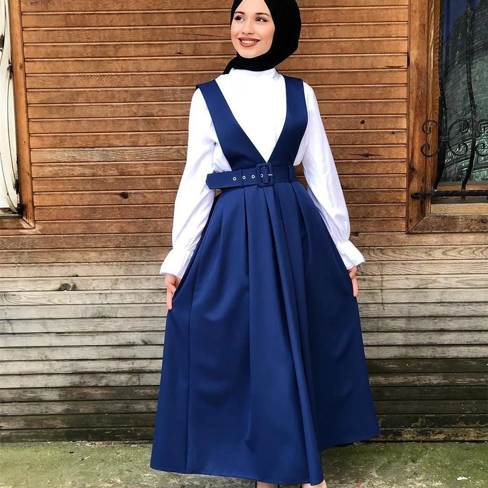 

2021 Muslim New Women's Dress with One-piece Suspenders, Muslim Dubai Fashion Casual Belt with Large Skirt Women Clothes