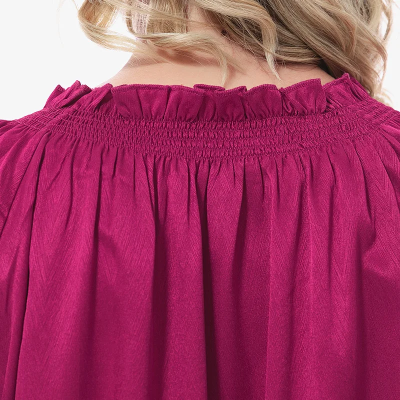 

VOA Rose Red Satin Silk Sleeves Tendon Wood Ear Collar Pleated Loose Stretch Short Sleeve T-shirt Women B0537 Befree Harajuku